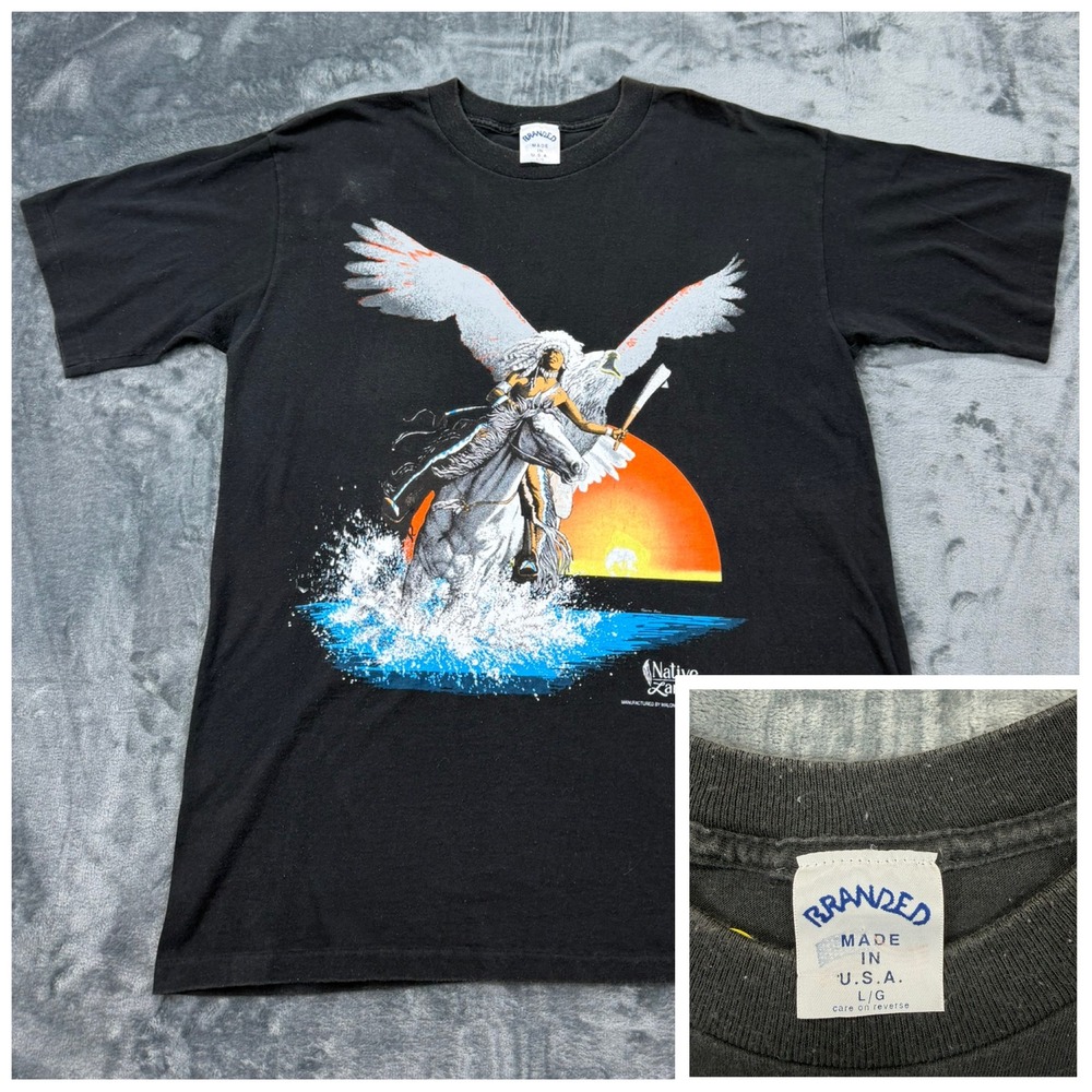 Vintage Branded Native Land Single Stitch T Shirt Mens Large Black Eagle Horse